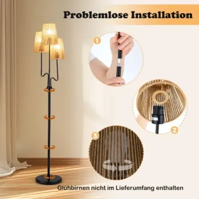 175 cm stojaca lampa, trojramenná stojaca lampa s kovovou základňou a tienidlom z papierového pletenca, lampa na čítanie