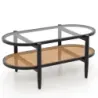 Oválny konferenčný stolík s sklenenou doskou a ratanovou policou 102 x 56 x 47 cm čierny + prírodný