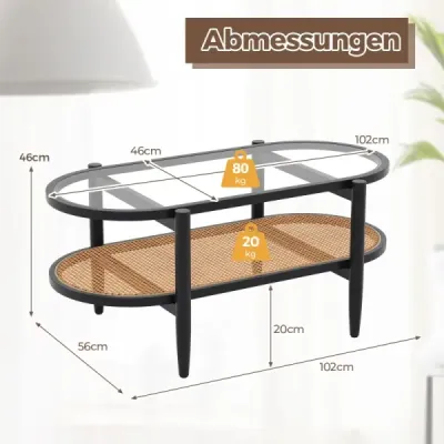 Oválny konferenčný stolík s sklenenou doskou a ratanovou policou 102 x 56 x 47 cm čierny + prírodný