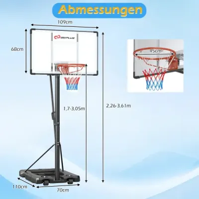 Basketbalový kôš so stojanom, 2 kolieskami a záťažovým vakom – výškovo nastaviteľný basketbalový stojan
