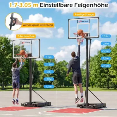 Basketbalový kôš so stojanom, 2 kolieskami a záťažovým vakom – výškovo nastaviteľný basketbalový stojan