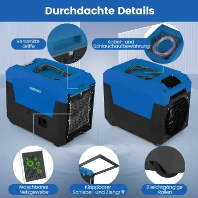 66 l/deň Elektrický odvlhčovač vzduchu s odtokovou hadicou a čerpadlom Priemyselný odvlhčovač budov Modrý