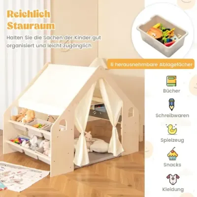Drevený detský stan 6 v 1 s detským stolíkom a stoličkou, podložkou a tabuľou na hranie 145 x 98 x 113 cm