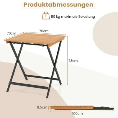 Skladací odkladací stolík z akátového dreva, balkónový stolík odolný voči poveternostným vplyvom, štvorcový jedálenský stolík 70 x 70 x 73 cm