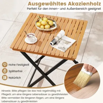 Skladací odkladací stolík z akátového dreva, balkónový stolík odolný voči poveternostným vplyvom, štvorcový jedálenský stolík 70 x 70 x 73 cm