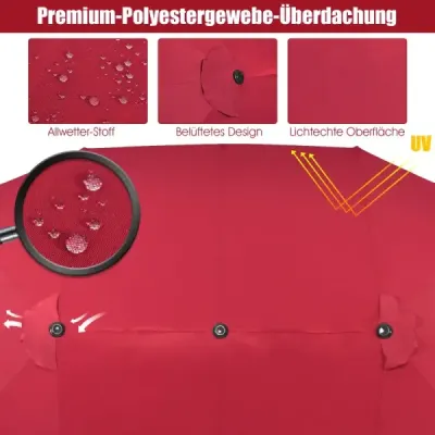 Dvojitý slnečník Ø480 cm, trhový slnečník s kľukou a UV ochranou, záhradný slnečník vo farbe vína