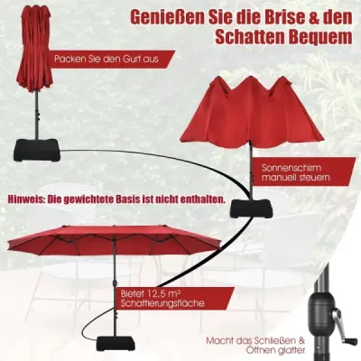 Dvojitý slnečník Ø480 cm, trhový slnečník s kľukou a UV ochranou, záhradný slnečník vo farbe vína