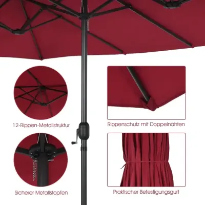 Dvojitý slnečník Ø480 cm, trhový slnečník s kľukou a UV ochranou, záhradný slnečník vo farbe vína