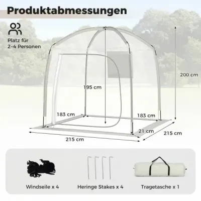 Priehľadný kopulový stan 215 x 215 cm pre 2–4 osoby, 540° panoramatický výhľad, záhradná terasa, priehľadný