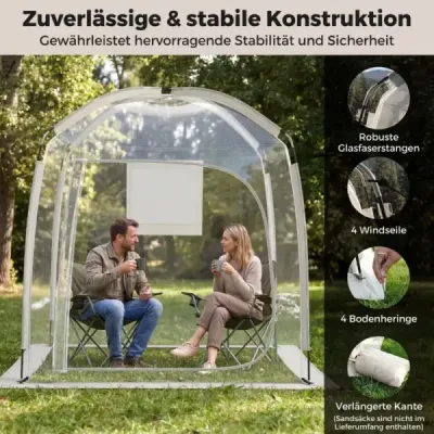 Priehľadný kopulový stan 215 x 215 cm pre 2–4 osoby, 540° panoramatický výhľad, záhradná terasa, priehľadný