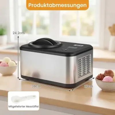 1,5 l kompresorová zmrzlinovačka z nehrdzavejúcej ocele s LCD displejom a časovačom na zmrzlinu a jogurt, strieborná + čierna