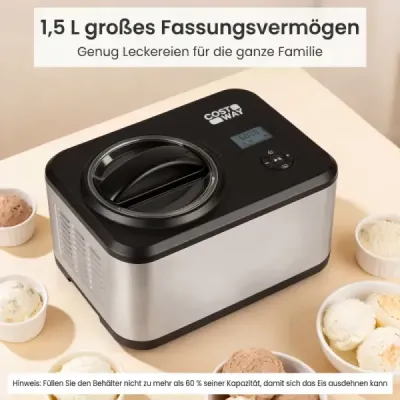 1,5 l kompresorová zmrzlinovačka z nehrdzavejúcej ocele s LCD displejom a časovačom na zmrzlinu a jogurt, strieborná + čierna