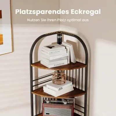 6-poschodový rohový regál 181,5 cm s kovovým rámom, úložný priestor, stojan na rastliny do obývačky, rustikálny štýl, hnedá a čierna