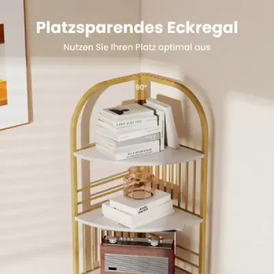 6-poschodový rohový regál 181,5 cm s kovovou konštrukciou, úložný priestor, stojan na rastliny, do obývačky, biela a zlatá