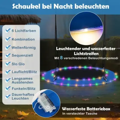 Hojdačka Hniezdo Ø100cm LED osvetlenie Nastaviteľné lano do 150kg Záhradné ihrisko Modrá