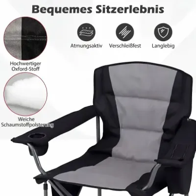 Nadrozmerná kempingová stolička, prenosná skladacia stolička so zipsovým chladiacim vreckom a držiakom na nápoje, námornícka  čierna