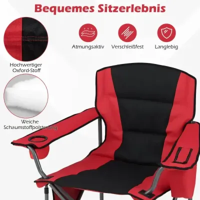 Nadrozmerná kempingová stolička, prenosná skladacia stolička so zipsovým chladiacim vreckom a držiakom na nápoje, námornícka  červená