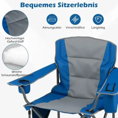 Nadrozmerná kempingová stolička, prenosná skladacia stolička so zipsovým chladiacim vreckom a držiakom na nápoje, námornícka  modrá