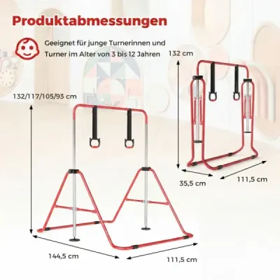 Detská skladacia gymnastická hrazda so 4 nastaviteľnými výškami a gymnastickými kruhmi, hrazda, červená