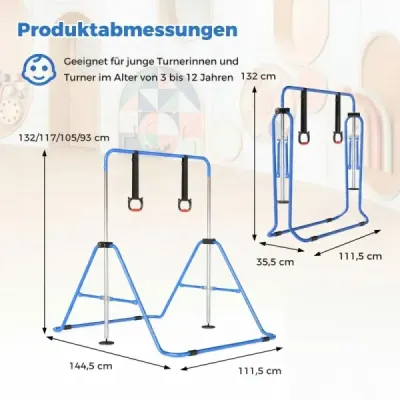 Rozťahovacia gymnastická hrazda pre deti, 4-smerová výškovo nastaviteľná hrazda s robustným kovovým rámom, modrá