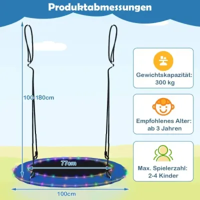 Hojdačka Hniezdo Ø100cm LED osvetlenie Nastaviteľné lano do 150kg Záhradné ihrisko Modrá