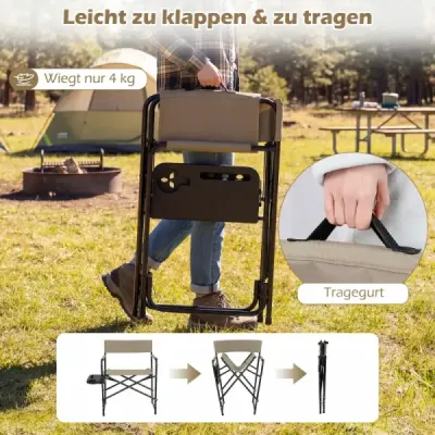 Riaditeľská stolička, skladacia, do 150 kg, kempingová stolička s bočným stolíkom, držiakom na nápoje a otvorom, hnedá
