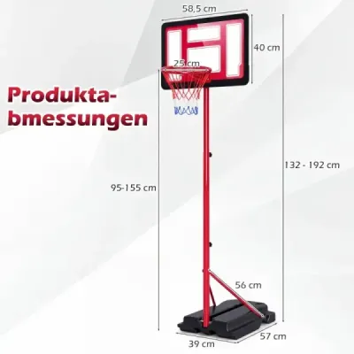 Detský basketbalový kôš 95-155 cm, výškovo nastaviteľný basketbalový stojan s plniteľnou základňou, červený