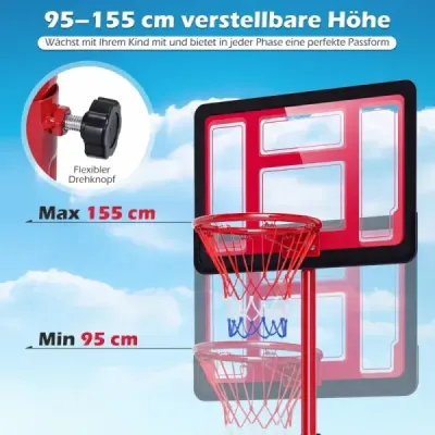 Detský basketbalový kôš 95-155 cm, výškovo nastaviteľný basketbalový stojan s plniteľnou základňou, červený