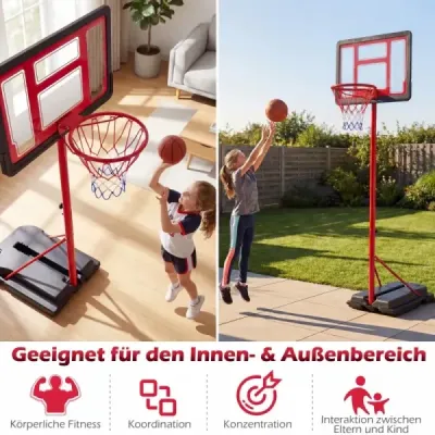 Detský basketbalový kôš 95-155 cm, výškovo nastaviteľný basketbalový stojan s plniteľnou základňou, červený