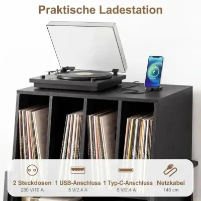 Stojan na gramofón s integrovanou nabíjacou stanicou a 4 prepážkami, stolík na vinylové platne, čierny