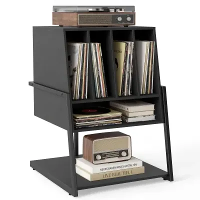 Stojan na gramofóny so širokou doskou a 4 prepážkami, stolík na vinylové platne, čierny
