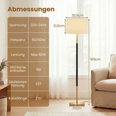 Stojaca lampa 165 cm, stojaca lampa s ľanovým tienidlom, objímkou ​​E27 a nožným spínačom
