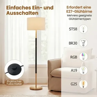 Stojaca lampa 165 cm, stojaca lampa s ľanovým tienidlom, objímkou ​​E27 a nožným spínačom