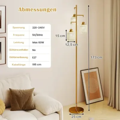 Stojaca lampa 173 cm čítacia lampa s 3 objímkami E27 a nožným spínačom, moderná stojaca lampa s klietkovým tienidlom, zlatá
