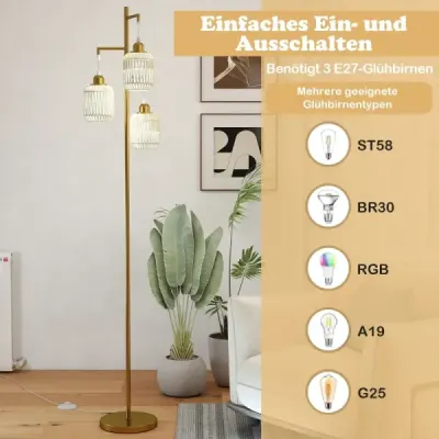 Stojaca lampa 173 cm čítacia lampa s 3 objímkami E27 a nožným spínačom, moderná stojaca lampa s klietkovým tienidlom, zlatá