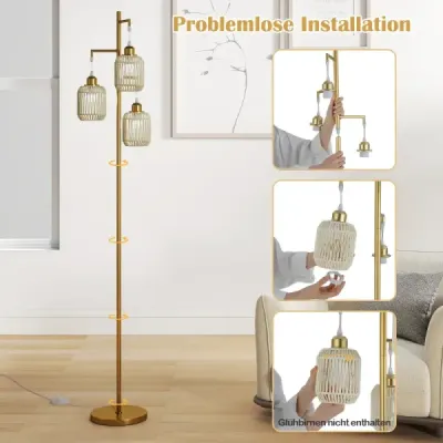 Stojaca lampa 173 cm čítacia lampa s 3 objímkami E27 a nožným spínačom, moderná stojaca lampa s klietkovým tienidlom, zlatá