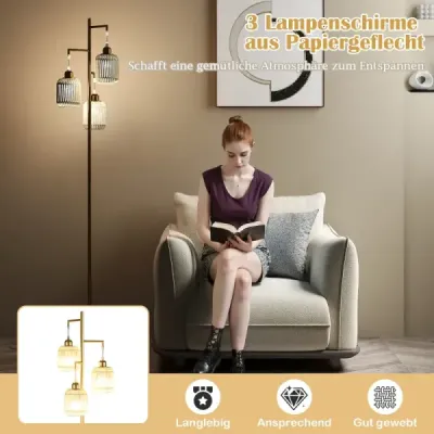 Stojaca lampa 173 cm čítacia lampa s 3 objímkami E27 a nožným spínačom, moderná stojaca lampa s klietkovým tienidlom, zlatá