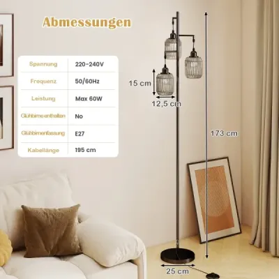 Stojaca lampa 173 cm čítacia lampa s 3 objímkami E27 a nožným spínačom, moderná stojaca lampa s klietkovým tienidlom, čierna