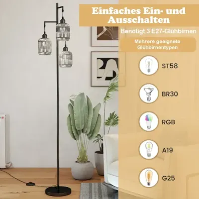 Stojaca lampa 173 cm čítacia lampa s 3 objímkami E27 a nožným spínačom, moderná stojaca lampa s klietkovým tienidlom, čierna