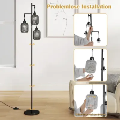Stojaca lampa 173 cm čítacia lampa s 3 objímkami E27 a nožným spínačom, moderná stojaca lampa s klietkovým tienidlom, čierna