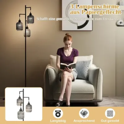 Stojaca lampa 173 cm čítacia lampa s 3 objímkami E27 a nožným spínačom, moderná stojaca lampa s klietkovým tienidlom, čierna