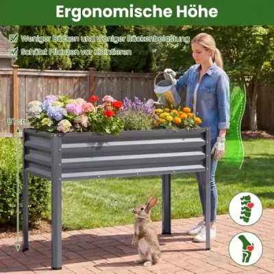 Vyvýšený záhradný záhon s kovovými nohami, vyvýšený záhradný záhon, robustný kvetináč na balkón, terasu a do záhrady, sivý