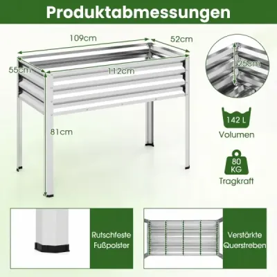 Vyvýšený záhradný záhon s kovovými nohami, vyvýšený záhradný záhon, robustný kvetináč na balkón, terasu a do záhrady, strieborný