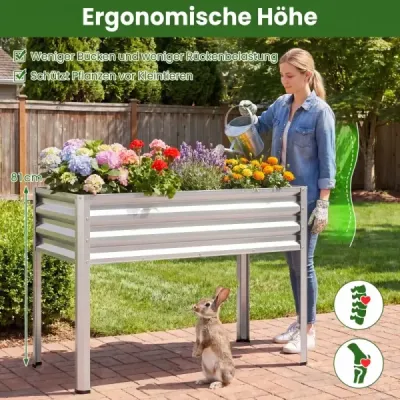 Vyvýšený záhradný záhon s kovovými nohami, vyvýšený záhradný záhon, robustný kvetináč na balkón, terasu a do záhrady, strieborný