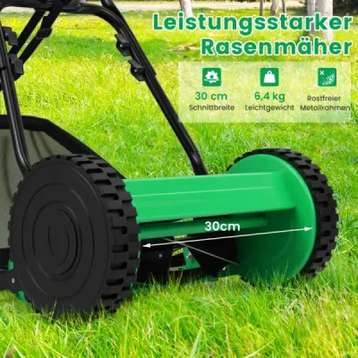 Váľcová kosačka Ručná kosačka so šírkou kosenia 30 cm, 18,5-litrový zberný kôš, zelená