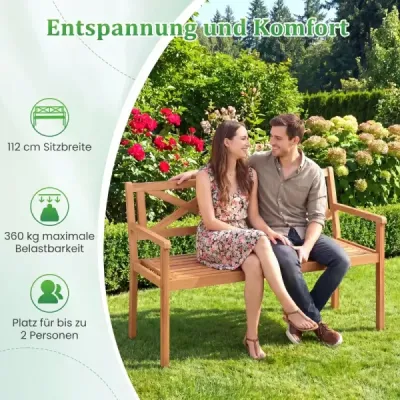 Záhradná lavička z akátového dreva, dvojmiestna drevená lavička, vonkajšia lavička s operadlom a podrúčkami, balkónová lavička