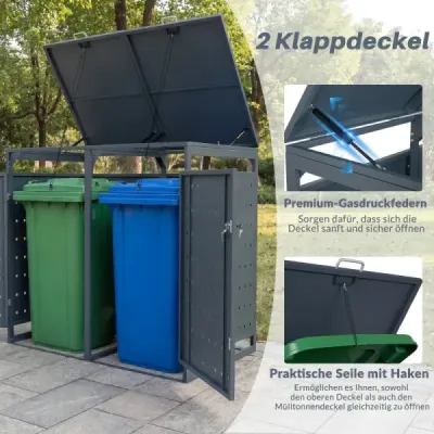 Kryt na 2 kontajnery s objemom 240 l, kovový kryt na 2 kontajnery, kryt na kontajnery so sklopným vekom, sivý