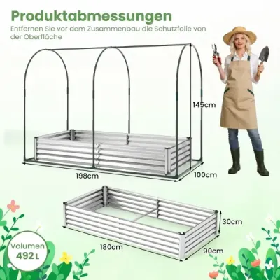 Vysoký záhon 3 v 1 so skleníkom – kovový kvetináč s PVC krytom a 2 oknami – skleník, strieborný