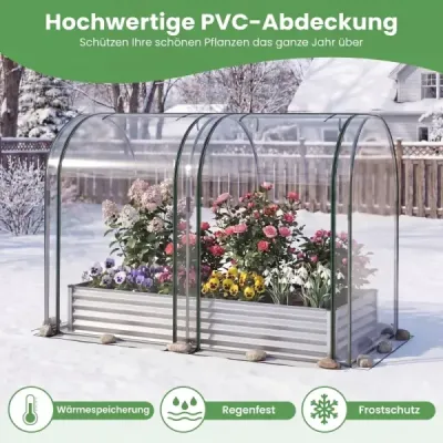 Vysoký záhon 3 v 1 so skleníkom – kovový kvetináč s PVC krytom a 2 oknami – skleník, strieborný