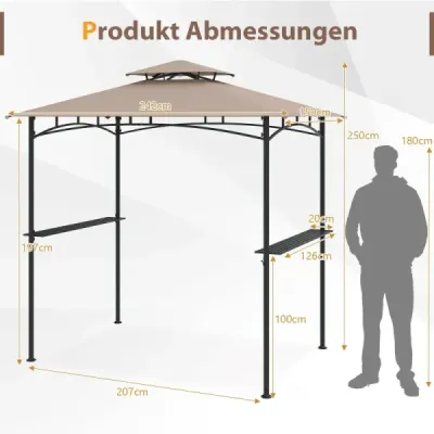 Grilový altánok s dvojitou strechou, 2 bočnými policami a 6 háčikmi – záhradný altánok na grilovanie, rozmery 242 x 150 cm, hnedý